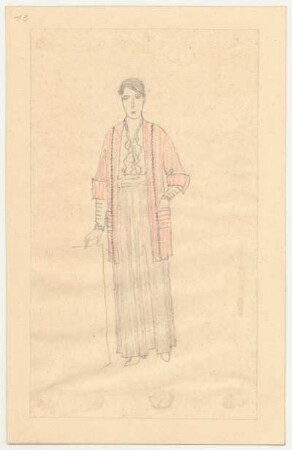 Entwurf Damenkleidung : Bodenlanger, gerader Rock mit Falten; Bluse mit Rüschen an vorderer Verschlusskante; lange Jacke mit verzierten Kanten, großen Taschen und Ärmelaufschlägen; Blatt montiert
