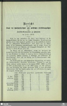 Bericht über den Stand der Handwerkerschule und weiblichen Fortbildungsschule des Handwerkervereins zu Chemnitz im Jahre 1901
