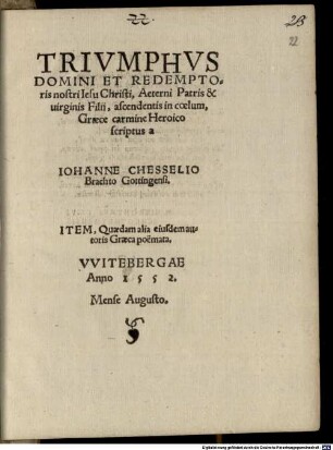 Trivmphvs Domini Et Redemptoris nostri Iesu Christi, Aeterni Patris & uirginis Filii, ascendentis in coelum, Graece carmine Heroico