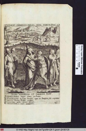 Martyrium der Hl.Apollina im Vordergrund, des Hl.Stephanus I. hinten links, der Hl. Cointha (oder Quinta) mittig, des Hl. Sixtus II. rechts, des Hl. Venantius rechts außen.