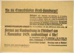 Aufruf und Einladung des Erwerbslosenausschusses zur Kundgebung der Hamburger Arbeiterschaft und Arbeitslosen anlässlich des 7. Jahrestags der Oktoberrevolution auf dem Friedhof in Ohlsdorf