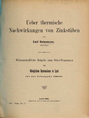 Ueber thermische Nachwirkungen von Zinkstäben