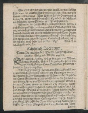 Käyserlich Decretum, Denen Deputirten der Dreyen Fürstenthümer Liegnitz/ Brieg und Wohlau gegeben.