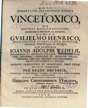 Dissertatio Inavgvralis Medica De Vincetoxico