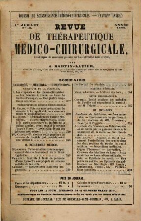 Revue de thérapeutique medico-chirurgicale. 1860,[2] = No. 13/24. - S. 337 - 672