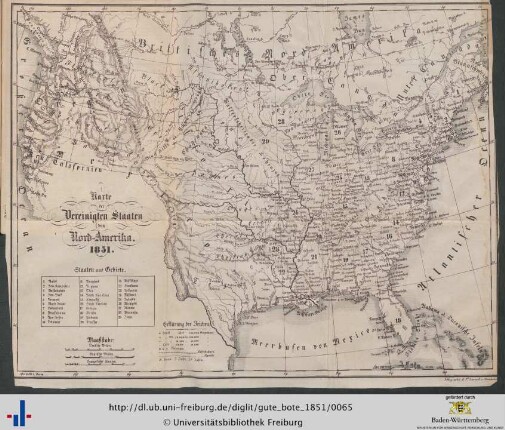 Illustration: Karte der Vereinigten Staaten von Amerika 1851.