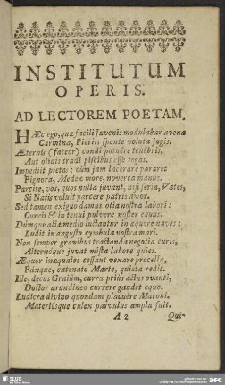 Institutum Operis. Ad Lectorem Poetam