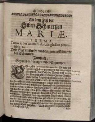 An dem Fest der Siben Schmertzen Mariæ.