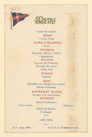 Menükarte : Menü, N.Y.Y.C. 67 Madison Ave.