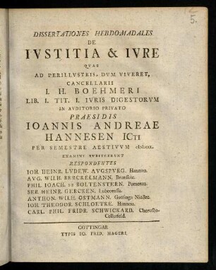 1-90, Dissertationes Hebdomadales De Iustitia & Iure