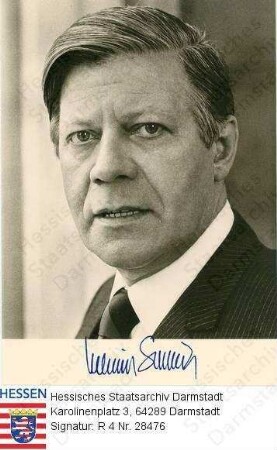 Schmidt, Helmut, Dr. h.c. (* 1918) / Porträt, linksgewandtes, vorblickendes Brustbild mit faks. Unterschrift