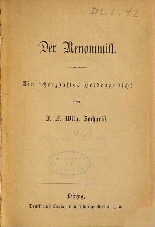 Der Renommist : ein scherzhaftes Heldengedicht