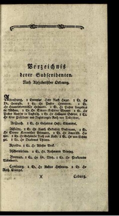Verzeichnis derer Subscribenten. Nach Alphabetischer Ordnung.