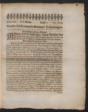 Anno 1665. XIII. Woche. Stück 1. No. XLIX.