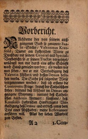 Der abgewiesene Krausoldus, Mit Seinem annoch hinckenden Valentin Löscher, So Das Liecht der Catholischen Lehre, Durch seine ungegründte Schrifft, (Abgewiesener Demas genannt), Vergeblich zu erlöschen, und zu vertilgen gesucht hat : Anderte Abhandlung. Von dem Statthalter Christi auff Erden