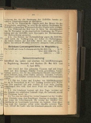 Bekanntmachung betreffend das Laden und Löschen von Schiffsfahrzeugen in Magdeburg, Neustadt und Buckau (25. Mai 1874 und 9. Juni 1875).
