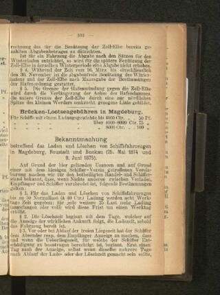 Bekanntmachung betreffend das Laden und Löschen von Schiffsfahrzeugen in Magdeburg, Neustadt und Buckau (25. Mai 1874 und 9. Juni 1875).