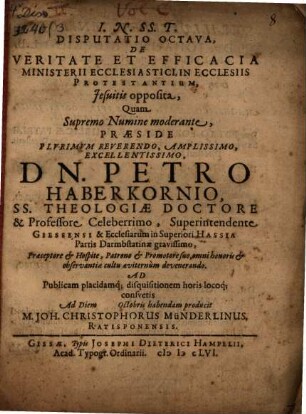 Disp. octava de veritate et efficacia ministerii ecclesiastici, in ecclesiis protestantium, Jesuitis opposita