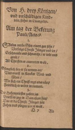 Von H. drey Königen und unschüldigen Kindlein ... Am tag der Bekerung Pauli ...