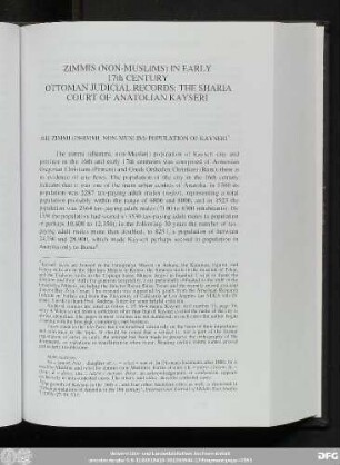 Zimmis (Non-Muslims) In Early 17th Century Ottoman Judicial Records: The Sharia Court Of Anatolian Kayserı