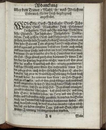 Abdanckung Uber dem Trauer-Mahl/ so/ nach Adelichem Gebrauch/ für der Leich-begängnuß angestellet.