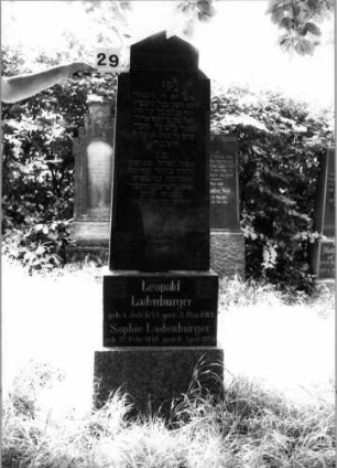 Grabstein 29 (Index: 100100532) Material: Granit Zustand: gut Maße HxBxT: 186x53x24 cm Beschreibung: Stele, getreppter Sockel, eingezogener giebelartiger Abschluß Symbolik: eingemeißeltes geometrisches Fries, Blüten Besonderheit: Doppelgrab: Grabstein 29