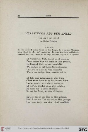 Versstücke aus der "Insel" einem Festspiel
