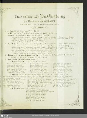 Erste musikalische Abend-Unterhaltung im Seminare zu Zschopau Freitag den 8. Dezember 1876