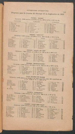 Hipódromo Argentino - Programa para la reunión del domingo 12 de Septiembre de 1909