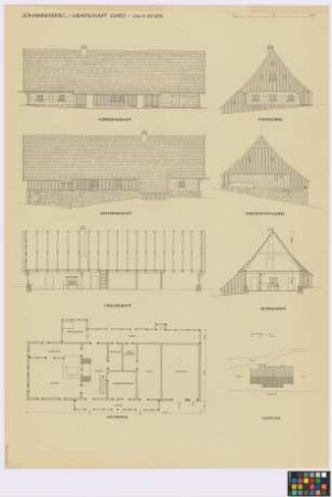 Johannisberg ([Landkreis Habelschwerdt]): Haus Ricker. - Haupthaus (zwei Seiten-Ansichten, zwei Giebel-Ansichten, Querschnitt, Längsschnitt, Grundriss [des Erdgeschosses], Aufsicht)