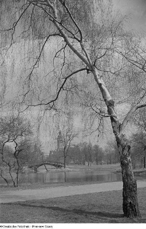 Blick in den Park mit dem Neuen Rathaus im Hintergrund