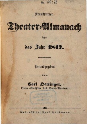Frankfurter Theateralmanach der Vereinigten Stadttheater. 1847 (1846)
