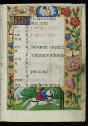 Kalendar: Mai; Monatsbild: Ausritt im Frühling; Tierkreiszeichen Zwillinge; Trompe l'oeil-Rahmen mit Blütenzweigen und Insekten