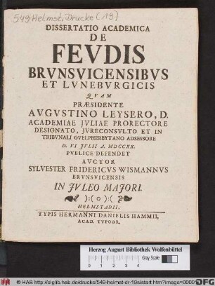 Dissertatio Academica De Fevdis Brvnsvicensibvs Et Lvnebvrgicis