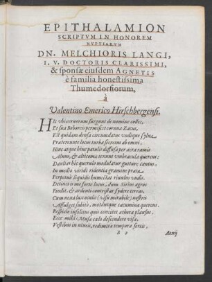 Epithalamion Scriptum In Honorem Nuptiarum Dn. Melchioris Langi ... & sponsae eiusdem Agnetis ...