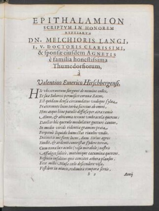Epithalamion Scriptum In Honorem Nuptiarum Dn. Melchioris Langi ... & sponsae eiusdem Agnetis ...