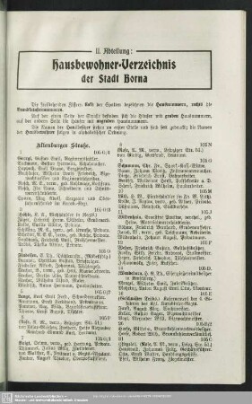 II. Abteilung. Häuserbuch : II. Abteilung. Hausbewohner-Verzeichnis der Stadt Borna