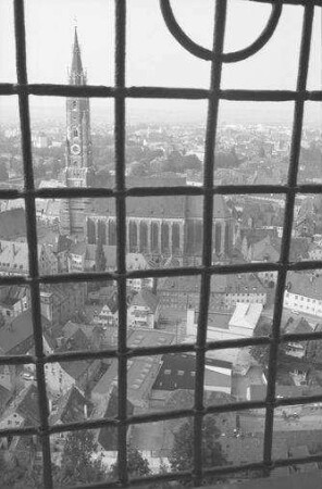 Landshut: Burg Trausnitz, vom Söller durch Gitterfenster auf St. Martin und Stadt