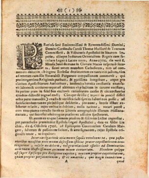 Relatio pretiosae Mortis Caroli Thomae Maillard de Tournon, presbyteri cardinalis ...