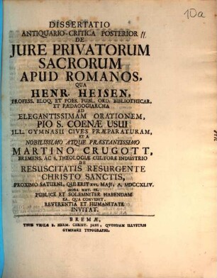 Dissertatio antiquario-critica ... De jure privatorum sacrorum apud Romanos, 2