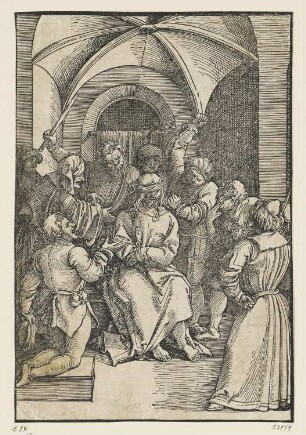 Verspottung Christi, aus: Ulrich Pinder, Speculum passionis domini nostri Jesu christi, Nürnberg 1519, S. XXVIII verso