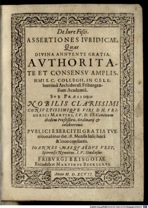 De Iure Fisci. Assertiones Ivridicae