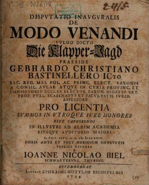 Disputatio inavgvralis de modo venandi, vvlgo dicto die Klapper-Jagd
