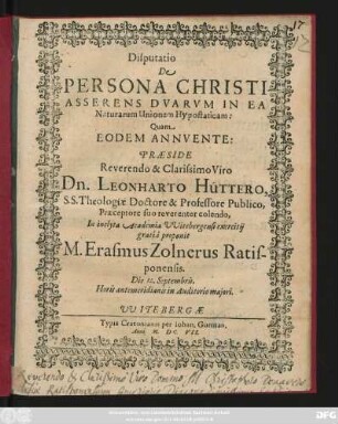 Disputatio III. De Persona Christi Asserens Duarum In Ea Naturarum Unionem Hypostaticam