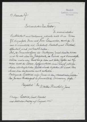 Brief von Ernst Haeckel an Gerhart Hauptmann