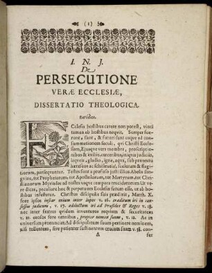 De Persecutione Veræ Ecclesiæ, Dissertatio Theologica.