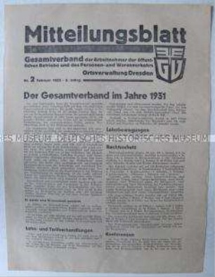 Mitteilungsblatt des Gesamtverband der Arbeitnehmer der öffentlichen Betriebe und des Personen- und Warenverkehrs, Ortsverwaltung Dresden, mit einer Jahresbilanz der Verbandsarbeit 1931