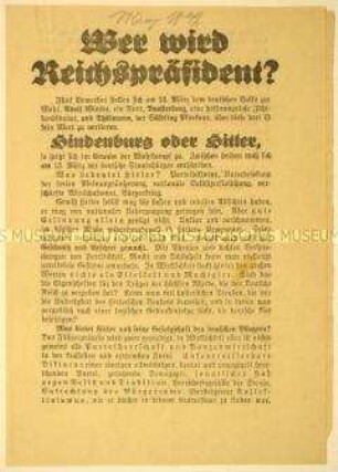 Programmatische Flugschrift zur Unterstützung Hindenburgs im ersten Wahlgang der Reichspräsidentenwahl 1932
