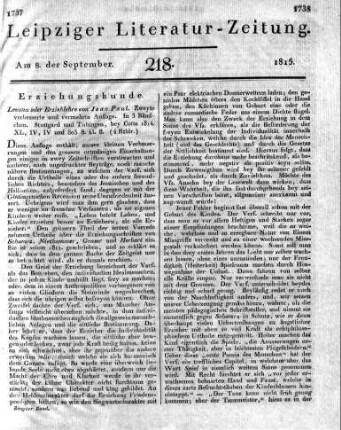Levana oder Erziehlehre von Jean Paul. Zweyte verbesserte und vermehrte Auflage. In 3 Bändchen. Stuttgard und Tübingen, bey Cotta 1814. XL, IV, IV und 803 S. kl. 8.