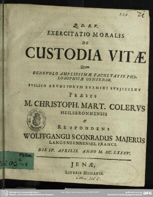 Exercitatio moralis De custodia vitae
